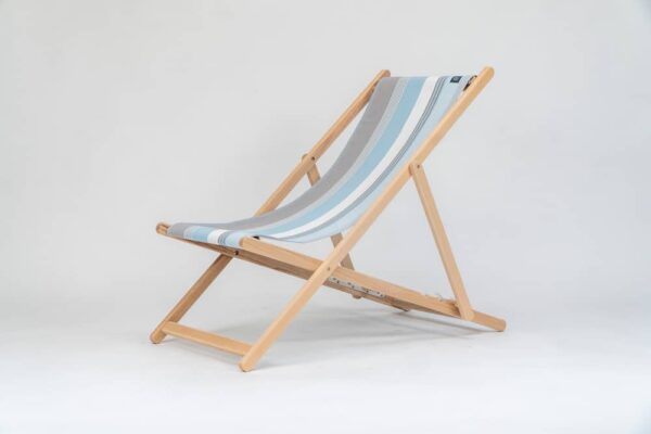 Beechwood Deckchair with Belle-ile-en-Mer fabric, blue, grey and white stripes, viewed at an angle - created by Decks and Stipes Ireland