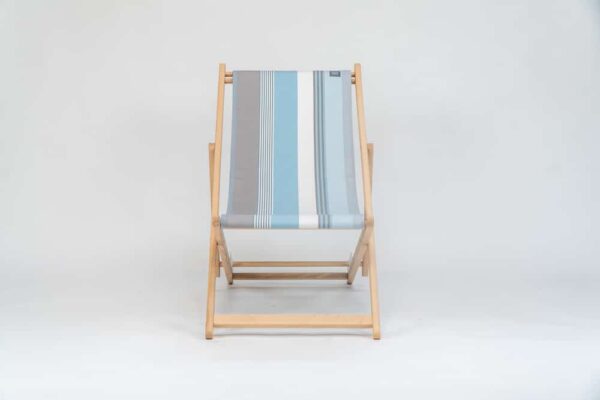 Beechwood Deckchair with Belle-ile-en-Mer fabric, blue, grey and white stripes, viewed from the front - created by Decks and Stipes Ireland