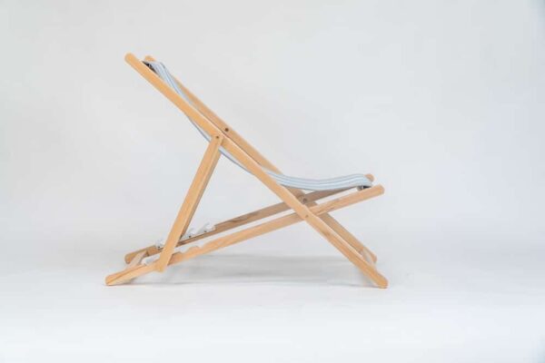 Beechwood Deckchair with Belle-ile-en-Mer fabric, blue, grey and white stripes, viewed from the side - created by Decks and Stipes Ireland