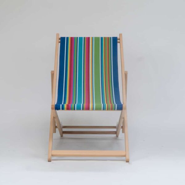 Beechwood Deckchair with Climbing Fabric - blue, green, yellow, red and pink stripes, viewed from the front - created by Decks and Stipes Ireland