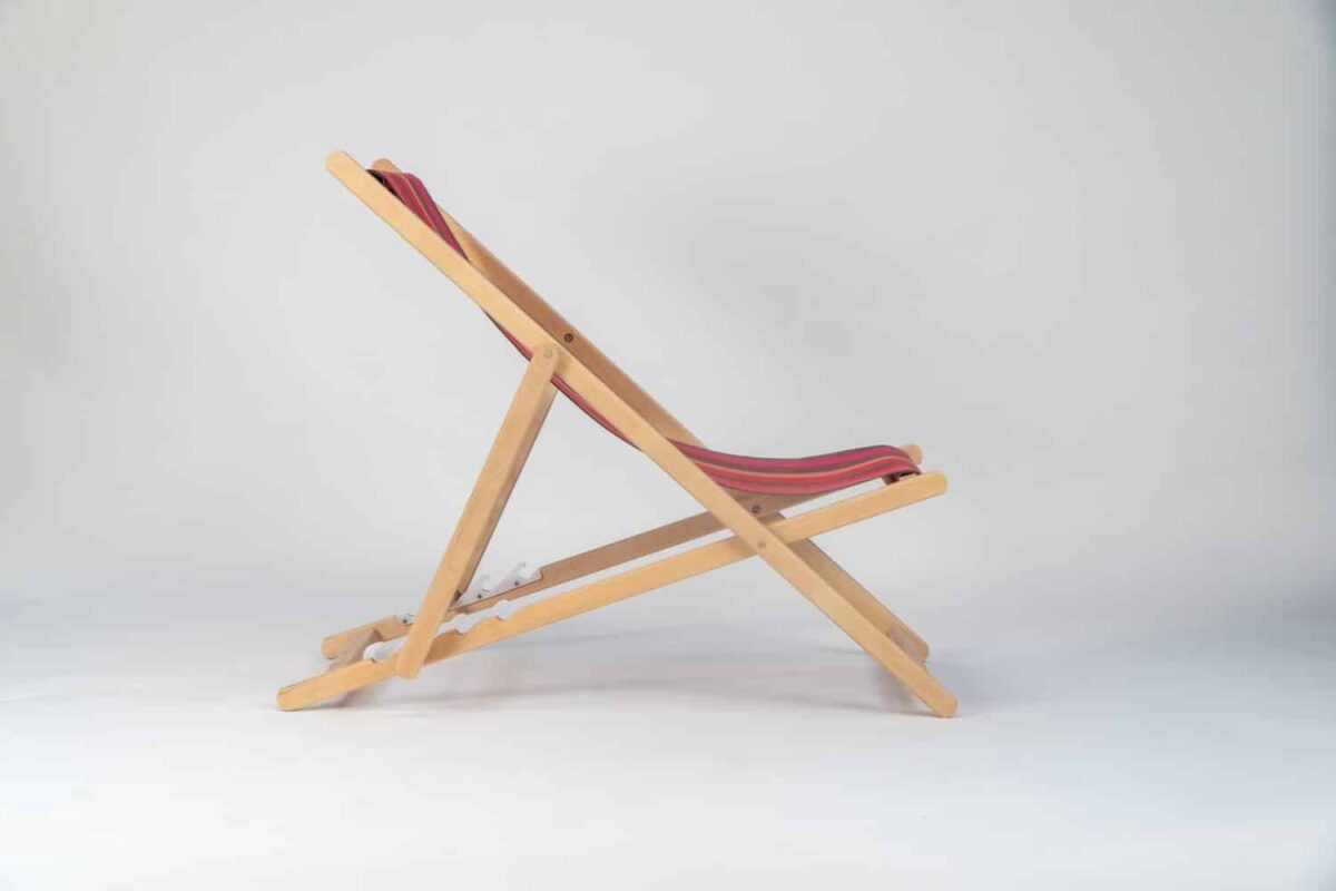 Beechwood Deckchair with Cordoba fabric red, brown, black and grey stripes, viewed from the side - created by Decks and Stipes Ireland
