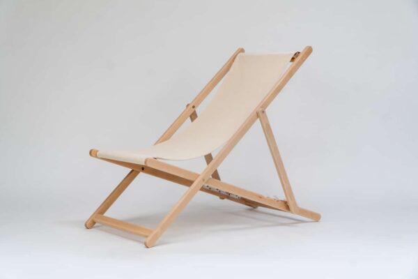Beechwood Deckchair with Cream Fabric viewed at an angle - created by Decks and Stipes Ireland
