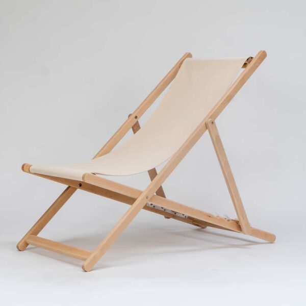 Beechwood Deckchair with Cream Fabric viewed at an angle - created by Decks and Stipes Ireland