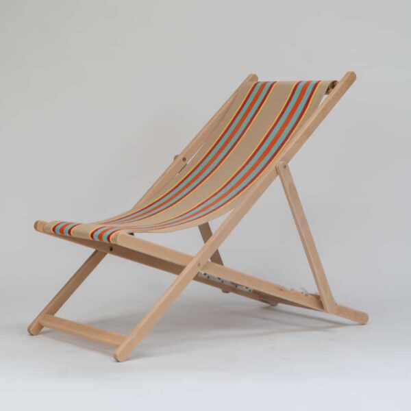 Beechwood Deckchair with Dice Fabric, fawn, terracotta, turquoise, red, and yellow stripes, viewed at an angle - created by Decks and Stipes Ireland