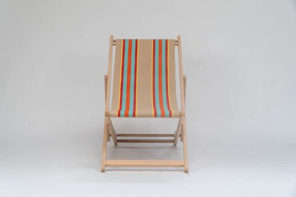 Beechwood Deckchair with Dice Fabric, fawn, terracotta, turquoise, red, and yellow stripes viewed from the front - created by Decks and Stipes Ireland