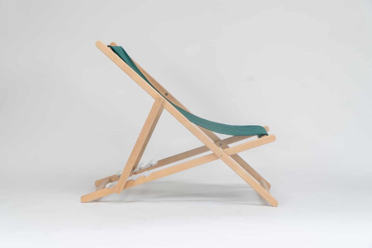 Beechwood Deckchair with Green Fabric viewed from the side - created by Decks and Stipes Ireland
