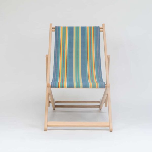Beechwood Deckchair with Hula Hoop Fabric, blue, green, red and orange stripes, viewed from the front - created by Decks and Stipes Ireland