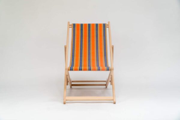 Beechwood Deckchair with Jazz fabric, rust, blue, yellow, white and black stripes, viewed from the front - created by Decks and Stipes Ireland