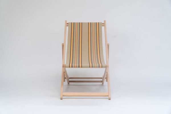 Beechwood Deckchair with Kickball fabric, khaki, coral, black and blue stripes, viewed from the front - created by Decks and Stipes Ireland