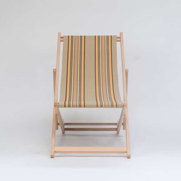 Beechwood Deckchair with Kickball fabric, khaki, coral, black and blue stripes, viewed from the front - created by Decks and Stipes Ireland