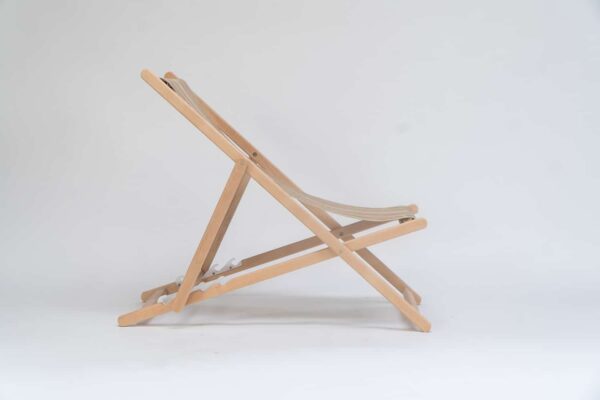 Beechwood Deckchair with Kickball fabric, khaki, coral, black and blue stripes, viewed from the side - created by Decks and Stipes Ireland