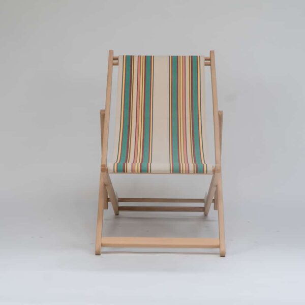 Beechwood Deckchair with Lido fabric, beige, jade, red and yellow stripes, viewed from the front - created by Decks and Stipes Ireland