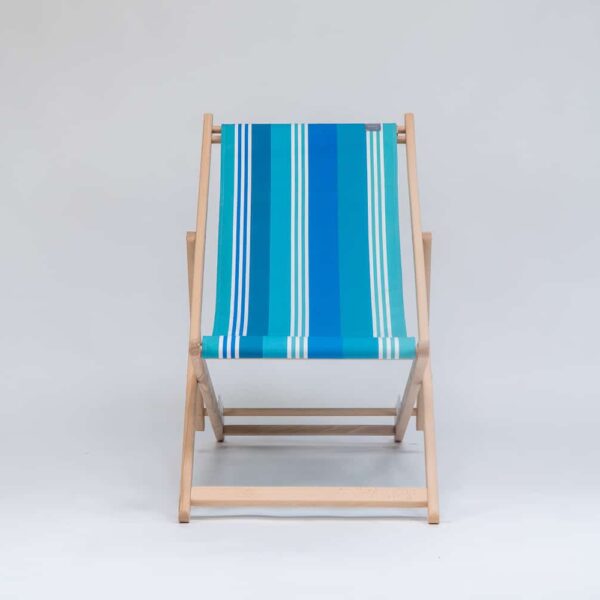Beechwood Deckchair with Madrague fabric, turquoise, blue, green and white stripes, viewed from the front - created by Decks and Stipes Ireland