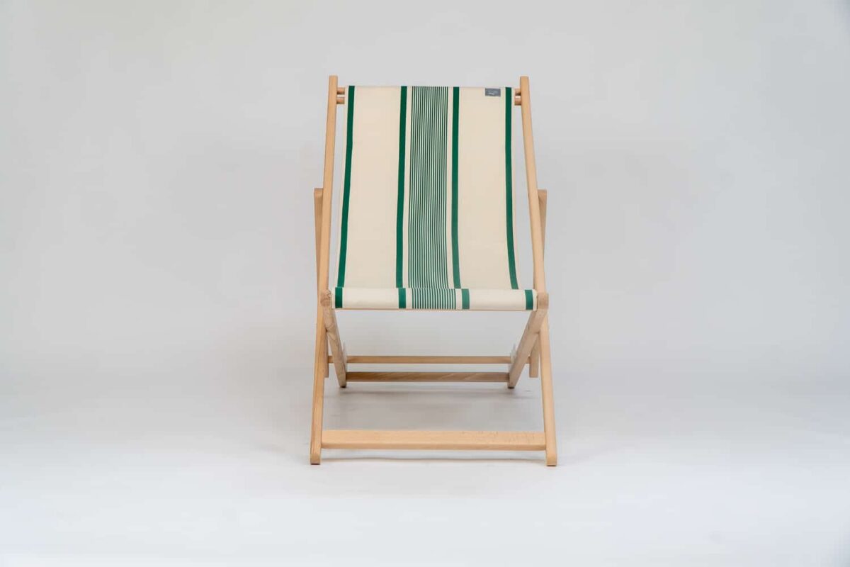 Beechwood Deckchair with Maite Vert fabric, green and cream stripes, viewed from the front - created by Decks and Stipes Ireland