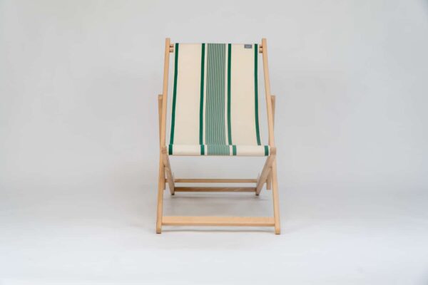 Beechwood Deckchair with Maite Vert fabric, green and cream stripes, viewed from the front - created by Decks and Stipes Ireland