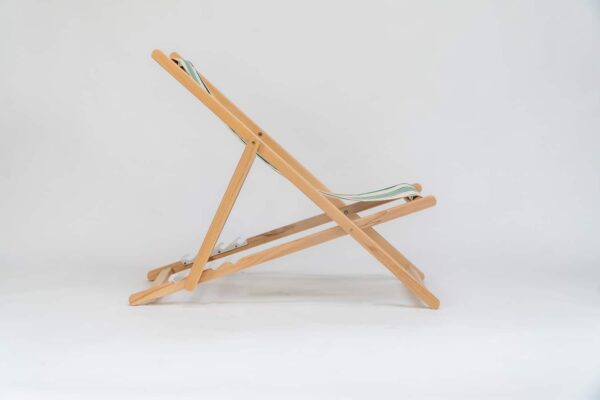 Beechwood Deckchair with Maite Vert fabric, green and cream stripes, viewed from the side - created by Decks and Stipes Ireland