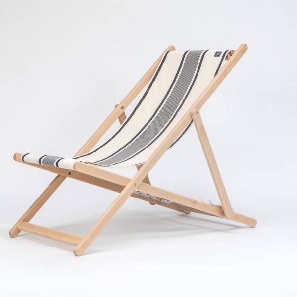 Beechwood Deckchair with Maite Encre fabric, ink and cream stripes, viewed at an angle created by Decks and Stipes Ireland