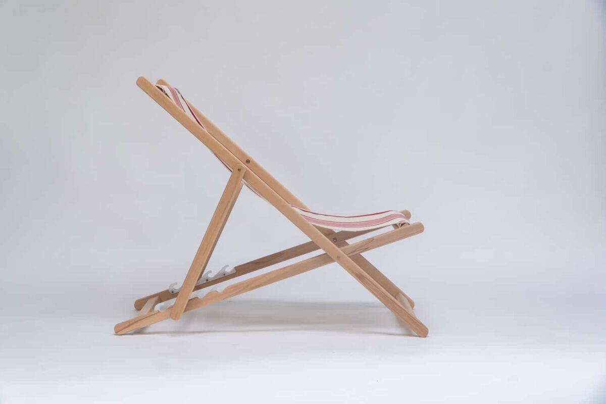 Beechwood Deckchair with Maite Rouge fabric, red and cream stripes, viewed from the side - created by Decks and Stripes Ireland