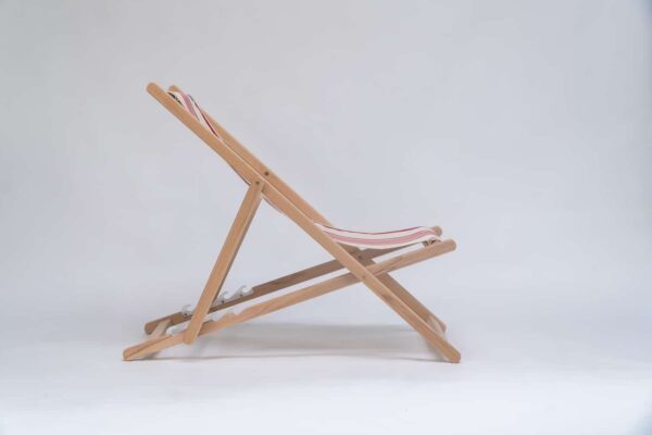 Beechwood Deckchair with Maite Rouge fabric, red and cream stripes, viewed from the side - created by Decks and Stripes Ireland
