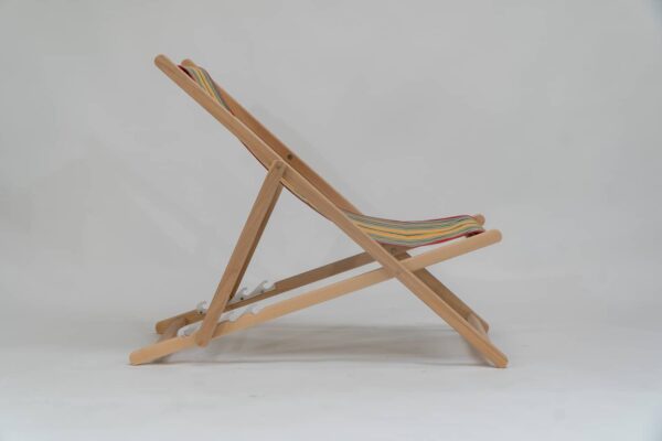 Beechwood Deckchair with Medley fabric, red, orange, green, black, yellow and blue stripes, viewed from the side - created by Decks and Stipes Ireland