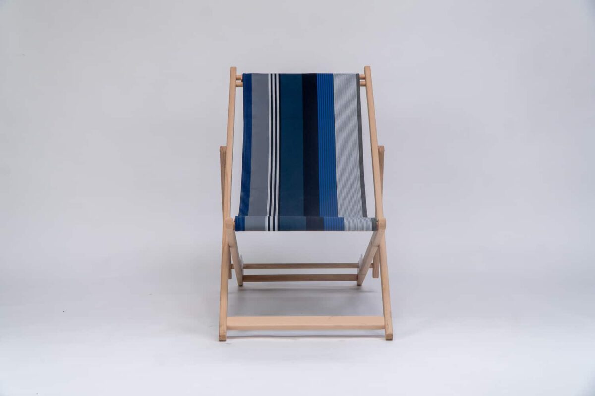 Beechwood Deckchair with Miramar fabric, navy, blue black and white stripes, viewed from the front - created by Decks and Stipes Ireland