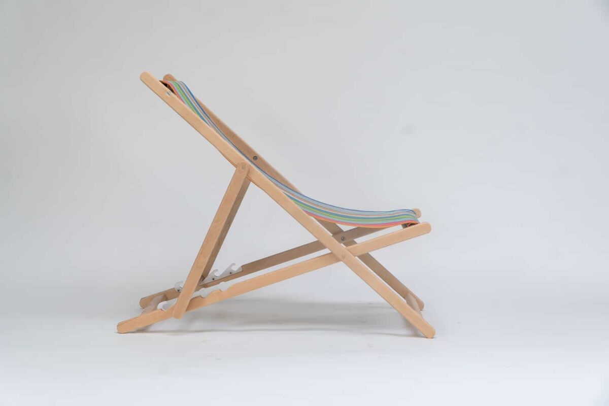 Beechwood Deckchair with Orienteering fabric, green, blue, pink, plum, white and terracotta stripes, viewed from the side - created by Decks and Stipes Ireland