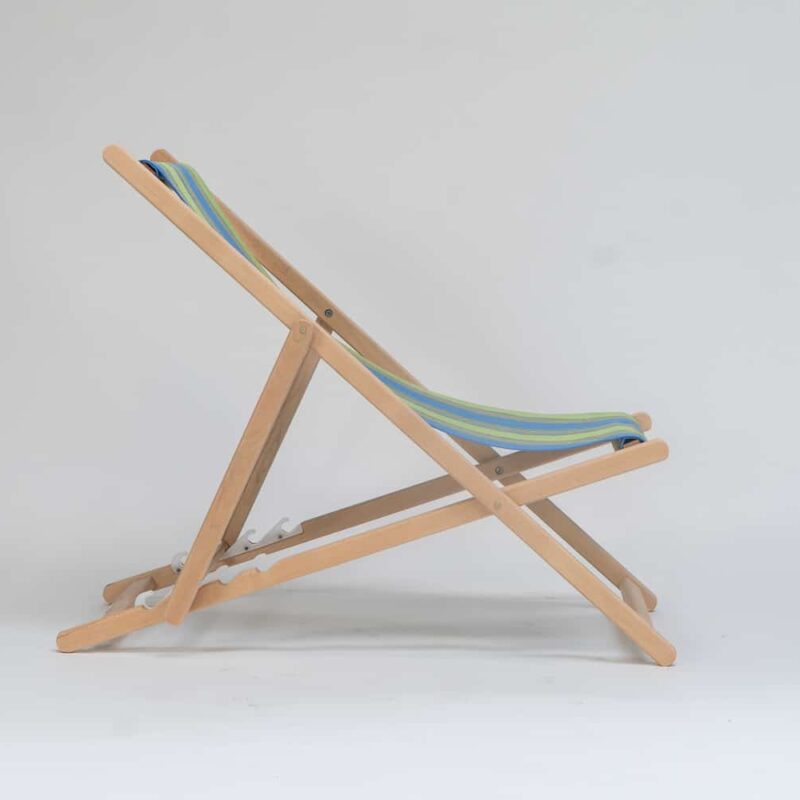 Beechwood Deckchair with Pickleball fabric, sky blue, lime, yellow, jade, terracotta and charcoal stripes, viewed from the side created by Decks and Stipes Ireland