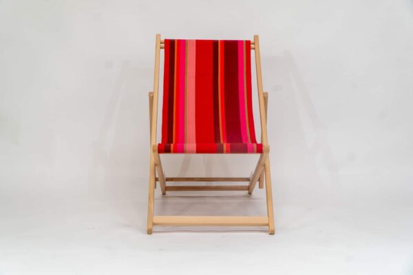 Beechwood Deckchair with Ping Pong fabric, red, pink and green stripes, viewed from the front - created by Decks and Stipes Ireland