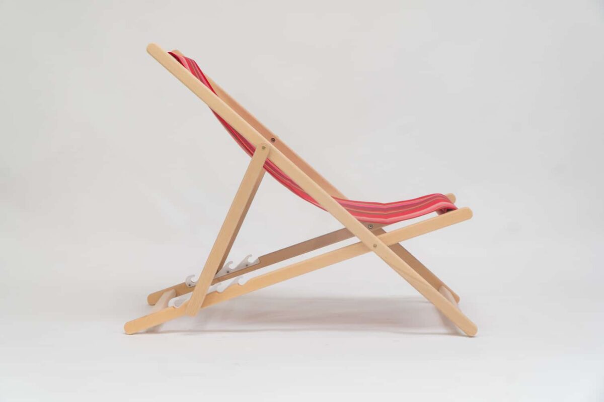 Beechwood Deckchair with Ping Pong fabric, red, pink and green stripes, viewed from the side - created by Decks and Stipes Ireland