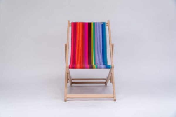 Beechwood Deckchair with Saint-Jean Surfing fabric, purple, green, blue, navy, yellow and orange stripes, viewed from the front - created by Decks and Stipes Ireland