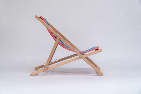 Beechwood Deckchair with Saint-Jean Surfing fabric, purple, green, blue, navy, yellow and orange stripes, viewed from the side - created by Decks and Stipes Ireland