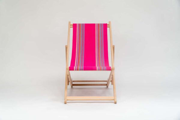 Beechwood Deckchair with Scuba fabric, pink, purple, lavender, blue, grey and orange stripes, viewed from the front - created by Decks and Stipes Ireland