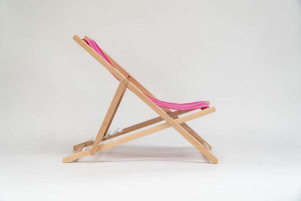 Beechwood Deckchair with Scuba fabric, pink, purple, lavender, blue, grey and orange stripes, viewed from the side - created by Decks and Stipes Ireland