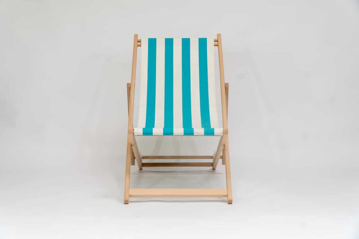 Beechwood Deckchair with Sennen Surfing fabric, turquoise and white stripes, viewed from the front - created by Decks and Stipes Ireland