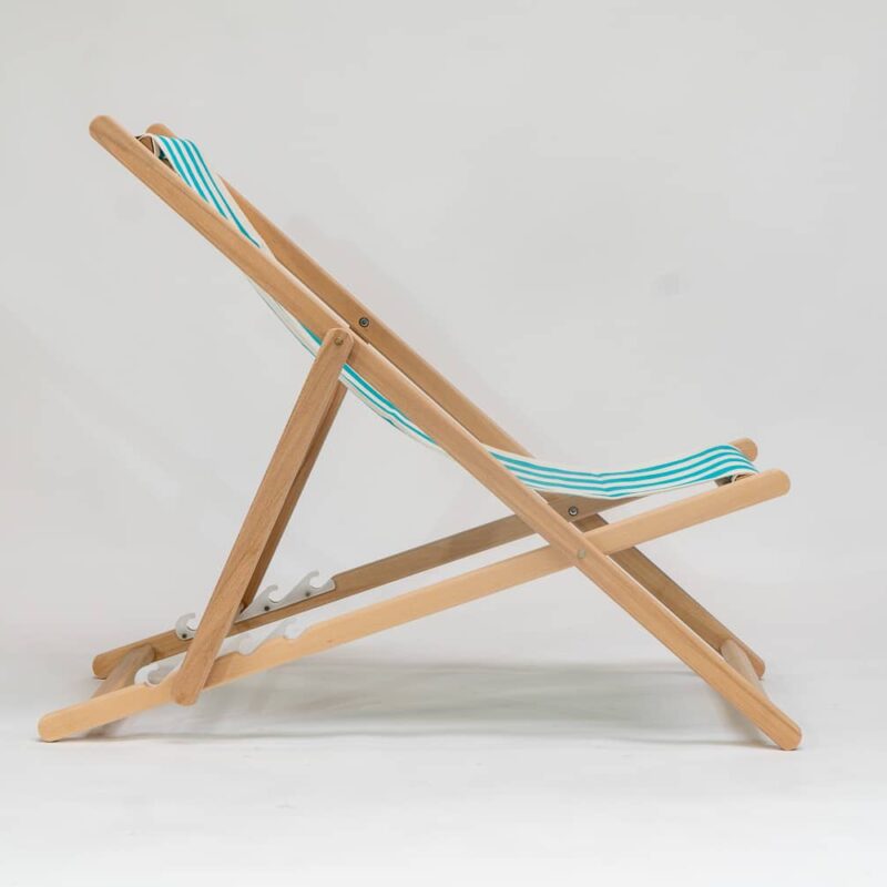 Beechwood Deckchair with Sennen Surfing fabric, turquoise and white stripes, viewed from the side - created by Decks and Stipes Ireland