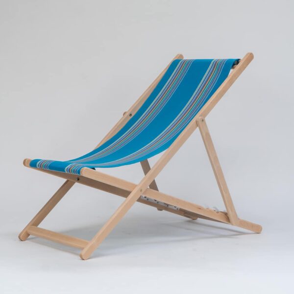 Beechwood Deckchair with Swimming fabric, blue, yellow, pink, orange, purple and green stripes, viewed from an angle - created by Decks and Stipes Ireland