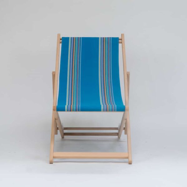 Beechwood Deckchair with Swimming fabric, blue, yellow, pink, orange, purple and green stripes, viewed from the front - created by Decks and Stipes Ireland