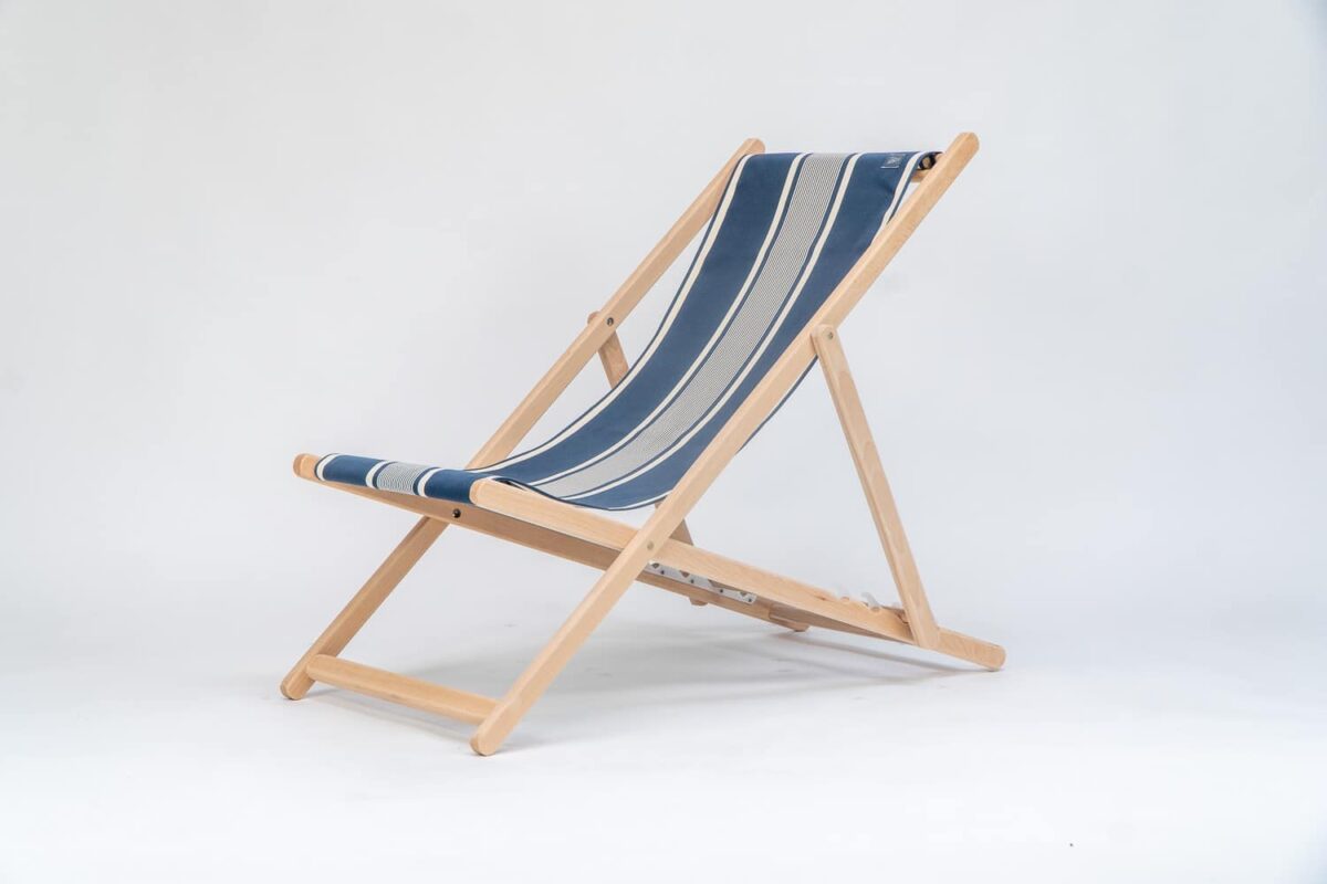 Beechwood Deckchair with Yvonne Denim fabric, denim and white stripes, viewed at an angle - created by Decks and Stipes Ireland