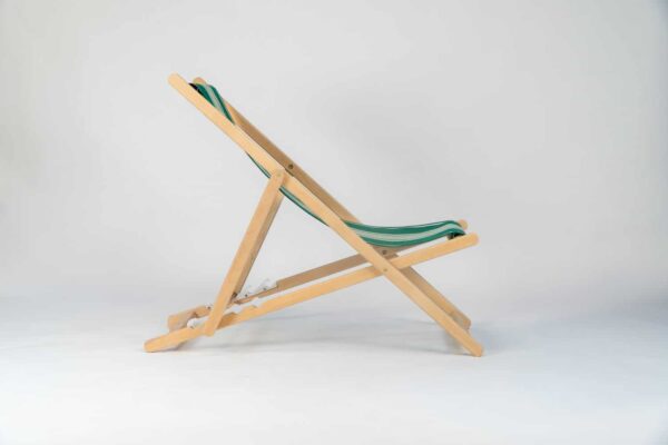 Beechwood Deckchair with Yvonne Vert fabric, green and cream stripes, viewed from the side - created by Decks and Stipes Ireland