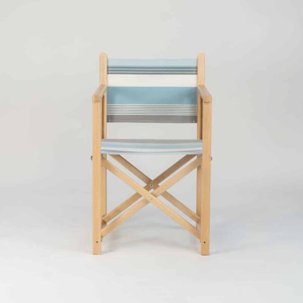 Beechwood Directors Chair with Belle-ile-en-Mer fabric, blue, grey and white stripes, viewed from the front - created by Decks and Stipes Ireland