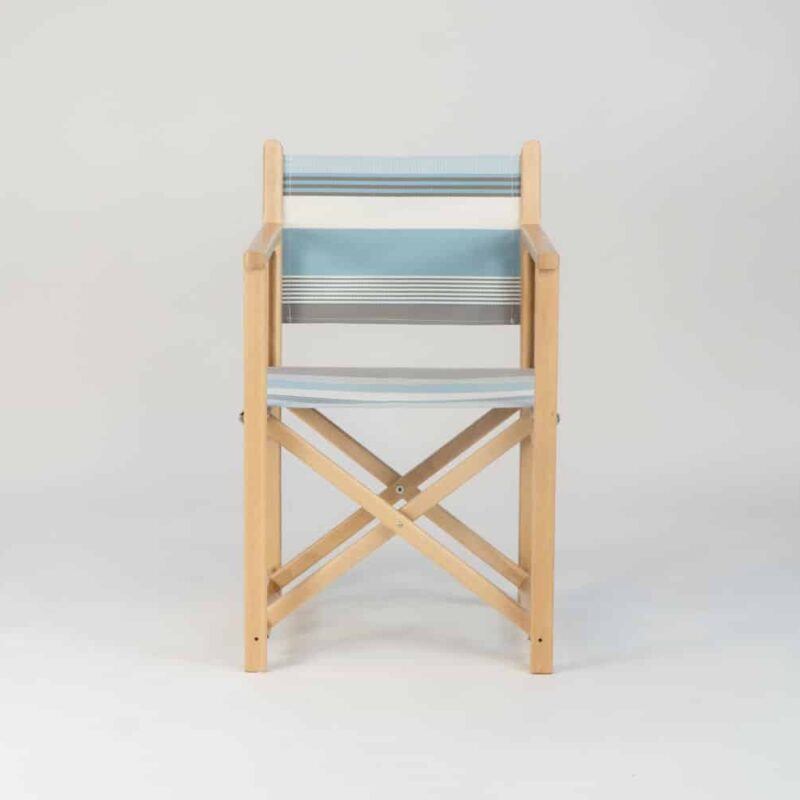 Beechwood Directors Chair with Belle-ile-en-Mer fabric, blue, grey and white stripes, viewed from the front - created by Decks and Stipes Ireland