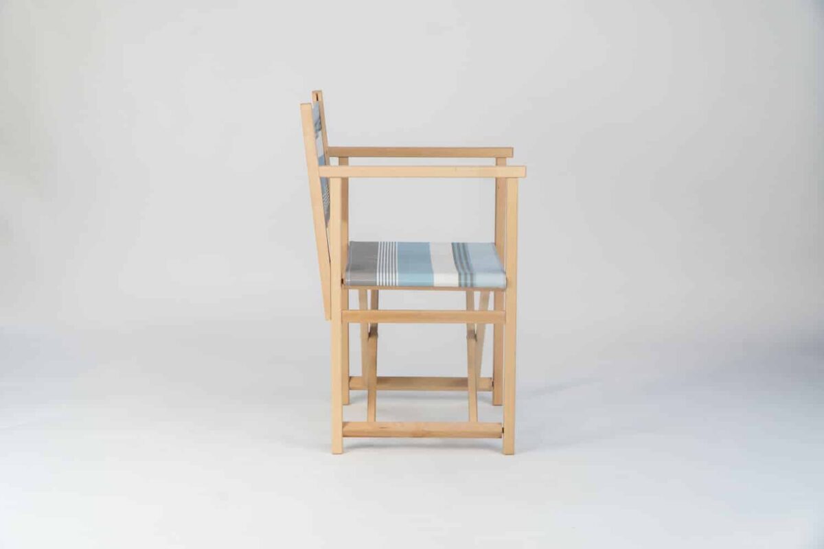 Beechwood Directors Chair with Belle-ile-en-Mer fabric, blue, grey and white stripes, viewed from the side created by Decks and Stipes Ireland