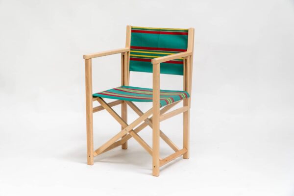 Beechwood Director's Chair with Birdwatching Fabric - red, yellow, jade, black and blue stripes, viewed at an angle - created by Decks and Stipes Ireland