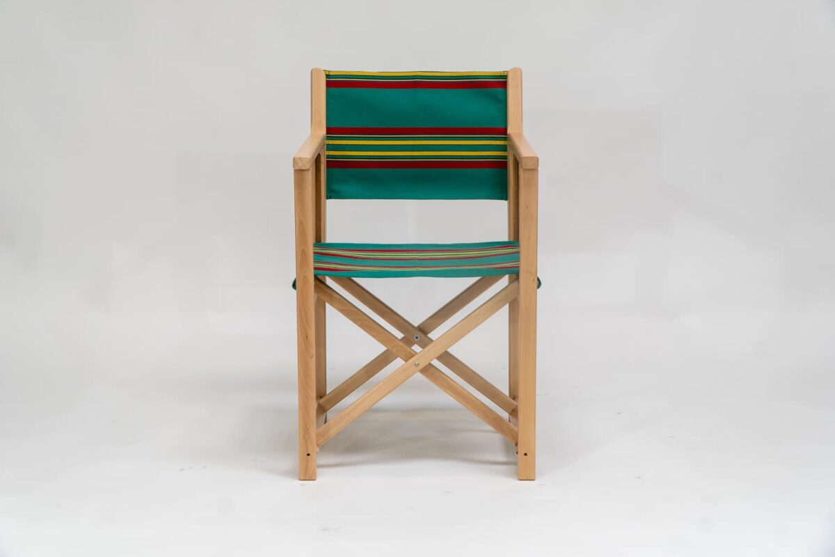 Beechwood Director's Chair with Birdwatching Fabric - red, yellow, jade, black and blue stripes, viewed from the front - created by Decks and Stipes Ireland