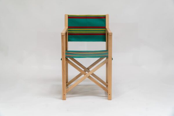 Beechwood Director's Chair with Birdwatching Fabric - red, yellow, jade, black and blue stripes, viewed from the front - created by Decks and Stipes Ireland