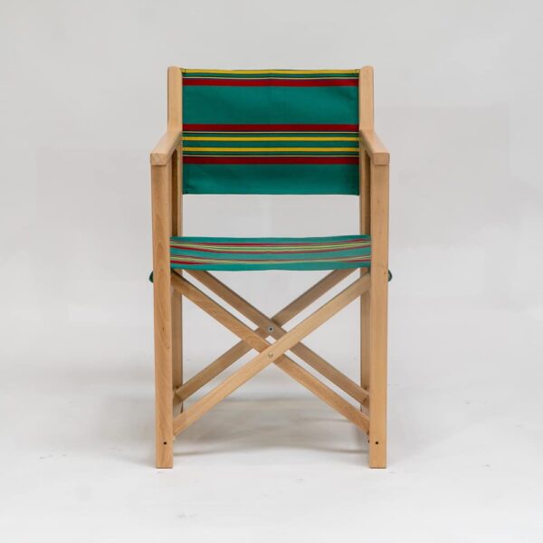 Beechwood Director's Chair with Birdwatching Fabric - red, yellow, jade, black and blue stripes, viewed from the front - created by Decks and Stipes Ireland