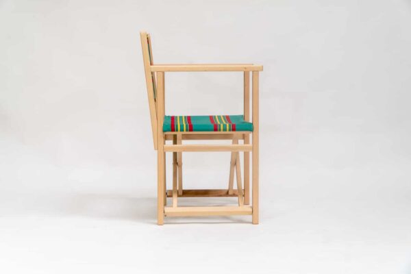 Beechwood Director's Chair with Birdwatching Fabric - red, yellow, jade, black and blue stripes, viewed from the side - created by Decks and Stipes Ireland