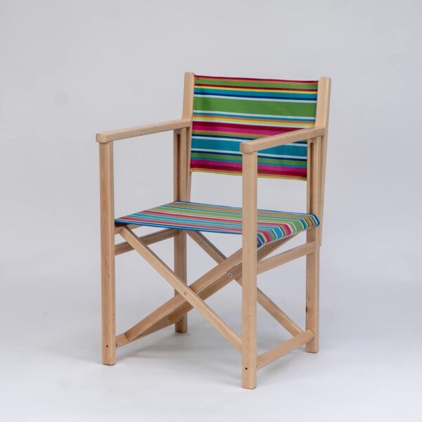 Beechwood Director's Chair with Climbing Fabric - blue, green, yellow, red and pink stripes, viewed at an angle - created by Decks and Stipes Ireland