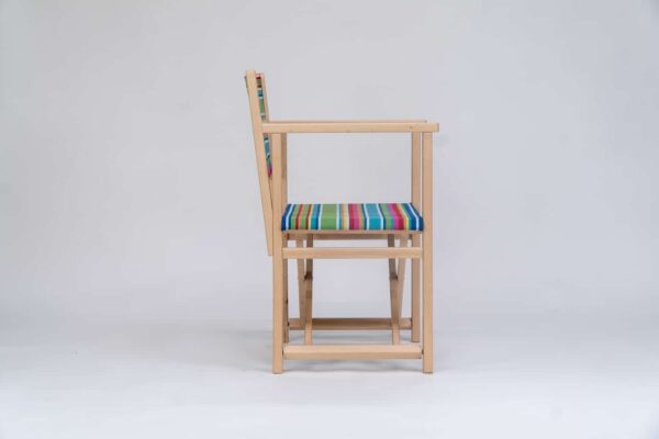 Beechwood Director's Chair with Climbing Fabric - blue, green, yellow, red and pink stripes, viewed from the side - created by Decks and Stipes Ireland