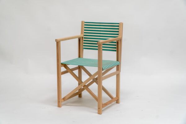 Beechwood Director's Chair with Clippo green fabric, green and white stripes, viewed at an angle - created by Decks and Stipes Ireland